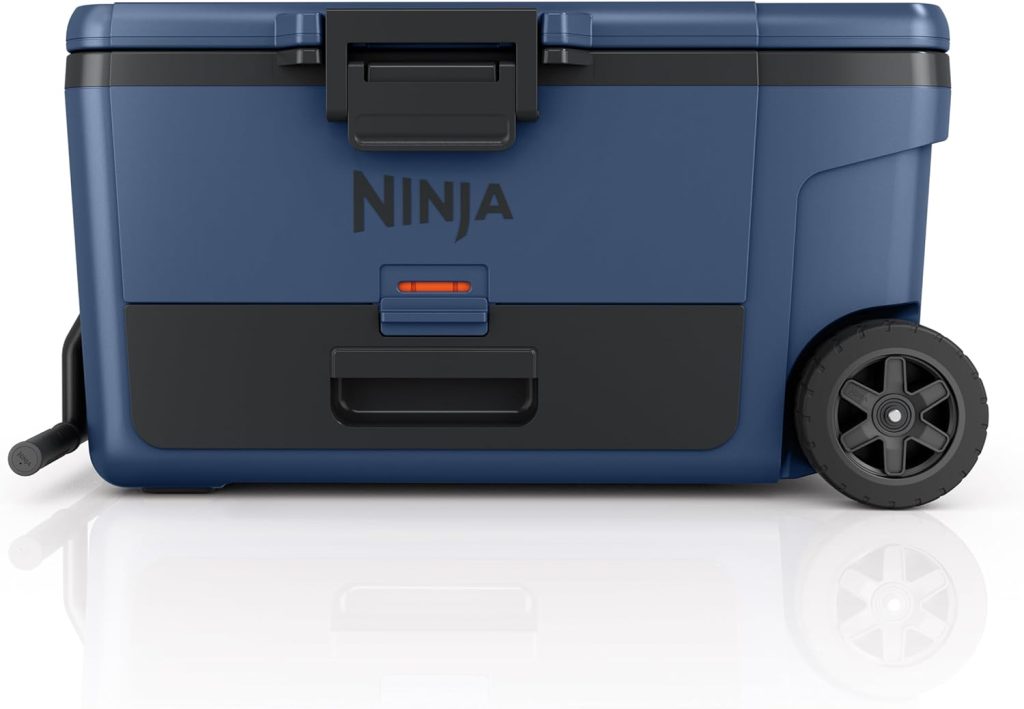 Ninja FrostVault 100qt Insulated Cooler in Lakeshore Blue with dry storage compartment, rugged design, and up to 7-day ice retention – ideal for outdoor adventures, camping, and tailgating.