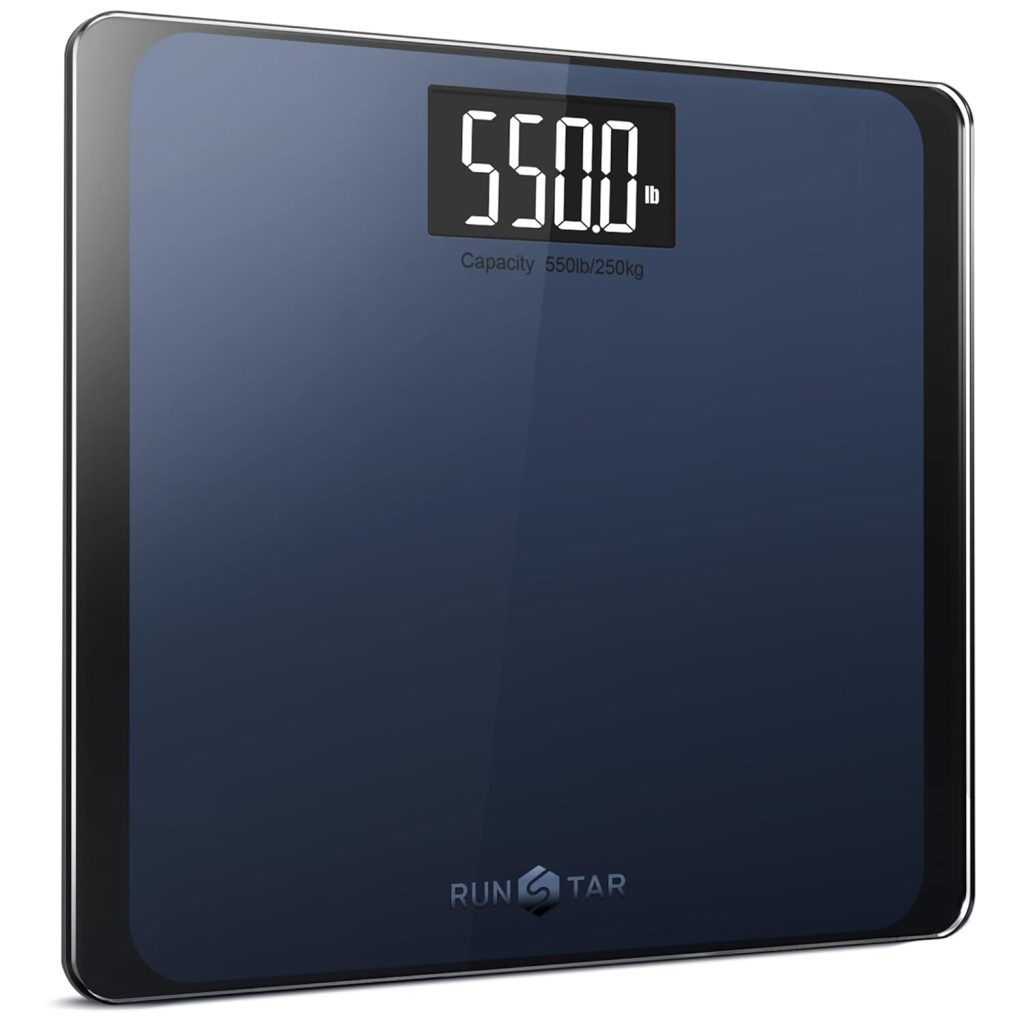 Ultra Wide Bathroom Scale with 15.5-inch tempered glass platform, digital LCD display, and high 550 lb weight capacity for accurate and stable measurements