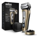 "Braun Series 9 Pro electric razor for men – premium waterproof shaver with ProLift trimmer and flexible head, shown with sleek silver design."