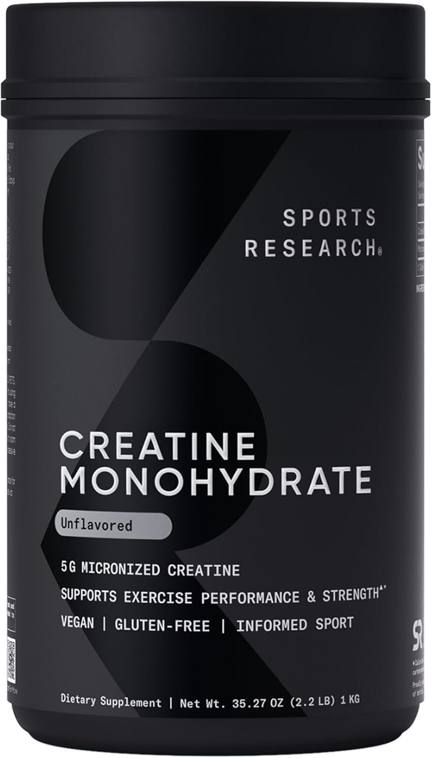 Sports Research Creatine Monohydrate supplement jar with scoop – 100% micronized creatine powder for performance