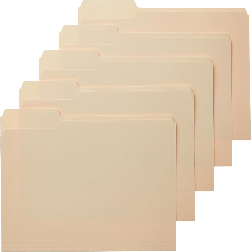 Stack of colorful AmazonBasics File Folders with reinforced tabs, neatly arranged for office or home organization.