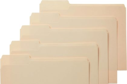 Stack of colorful AmazonBasics File Folders with reinforced tabs, neatly arranged for office or home organization.