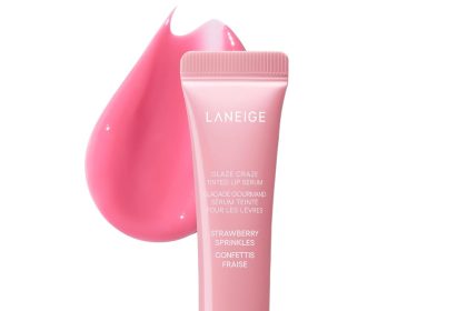 "LANEIGE Lip Glowy Balm Glaze Tinted in Strawberry Sprinkles – hydrating tinted lip balm with glossy finish in pink tube"