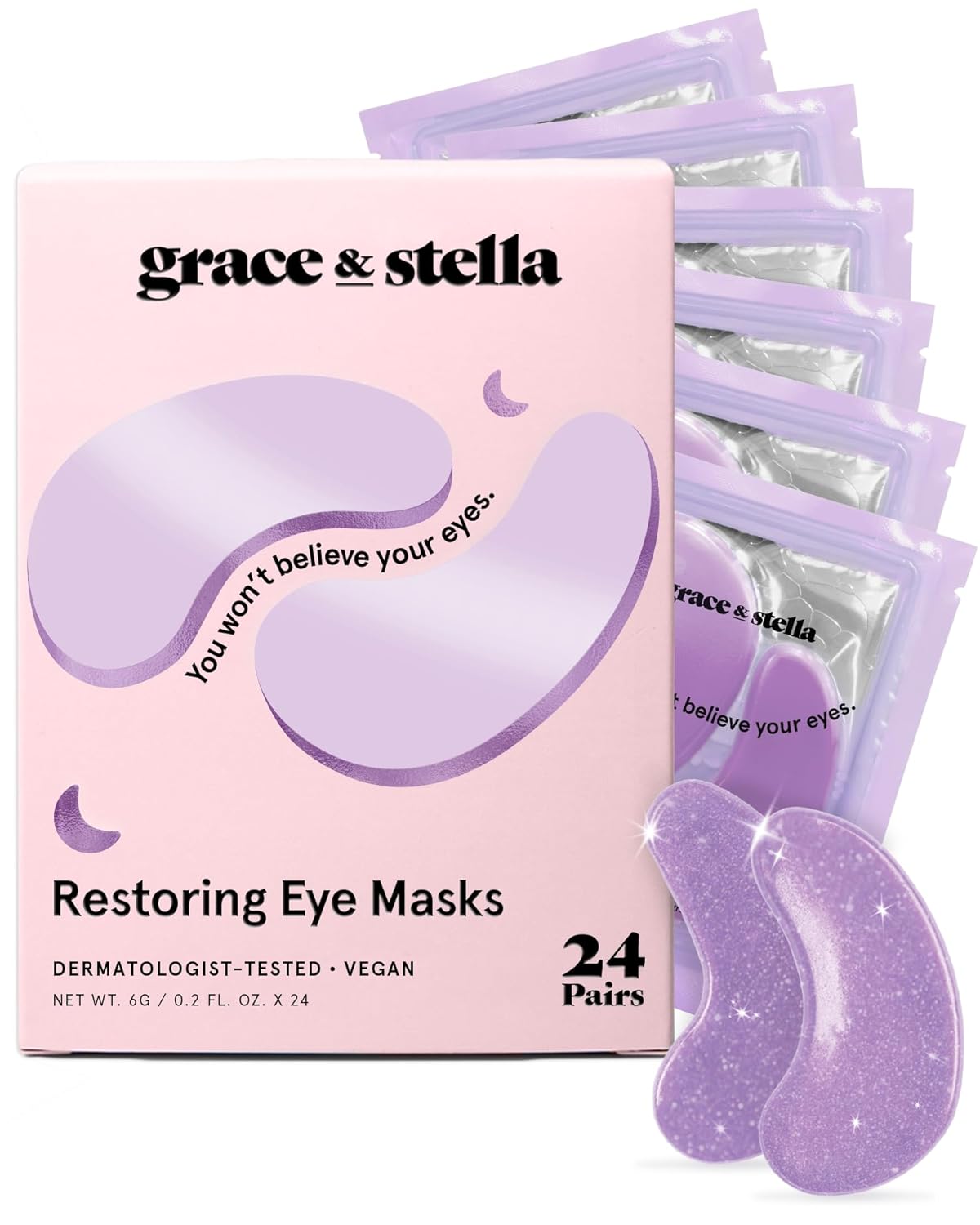 "Grace & Stella Purple Eye Gels – 12 pairs of under-eye masks with retinol, hyaluronic acid, and niacinamide for reducing puffiness, dark circles, and fine lines. Vegan, cruelty-free skincare treatment in purple packaging."