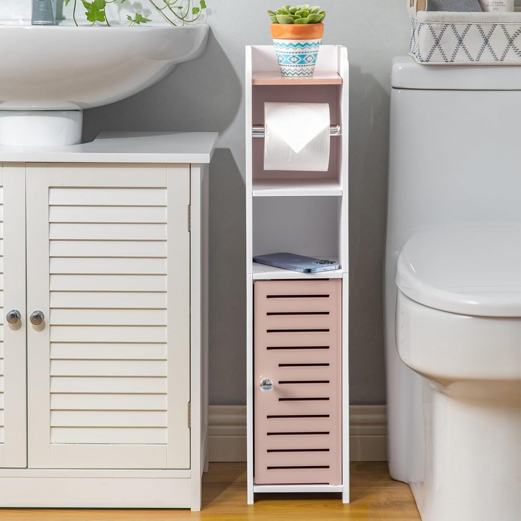 AOJEZOR Toilet Paper Holder Stand – Slim freestanding bathroom tissue storage with top shelf, modern white design, ideal for small spaces.