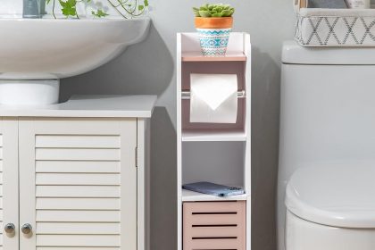 AOJEZOR Toilet Paper Holder Stand – Slim freestanding bathroom tissue storage with top shelf, modern white design, ideal for small spaces.