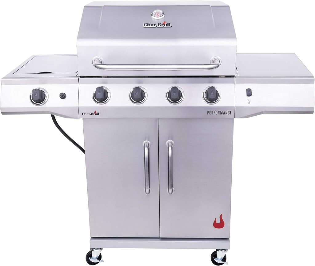 Char-Broil Performance 4-Burner Gas Grill with side burner, stainless steel body, and porcelain-coated grates – ideal for backyard barbecues and outdoor cooking.