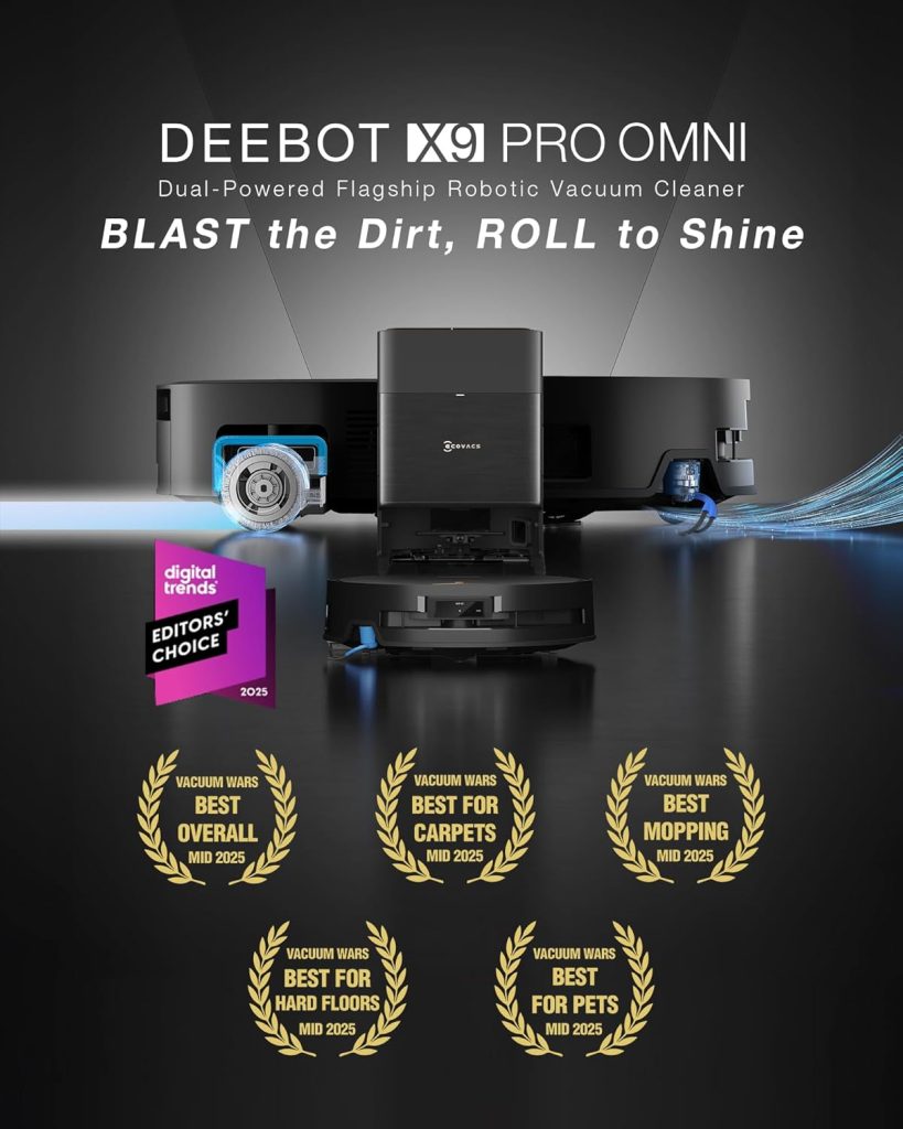 Customer-rated ECOVACS DEEBOT X9 PRO OMNI robot vacuum with 4.5 out of 5 stars, praised for 18,000Pa suction power, AI-powered home mapping, self-emptying system, and pet hair cleaning performance. Let me know if you want versions for different image types (e.g., customer photos, lifestyle shots, product close-ups)!