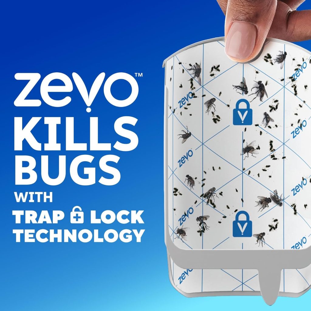 BuggyBands Flying Insect Trap kit featuring two white plug-in devices with soft blue UV lights and eight adhesive refill cartridges designed to trap fruit flies, gnats, and other flying pests indoors