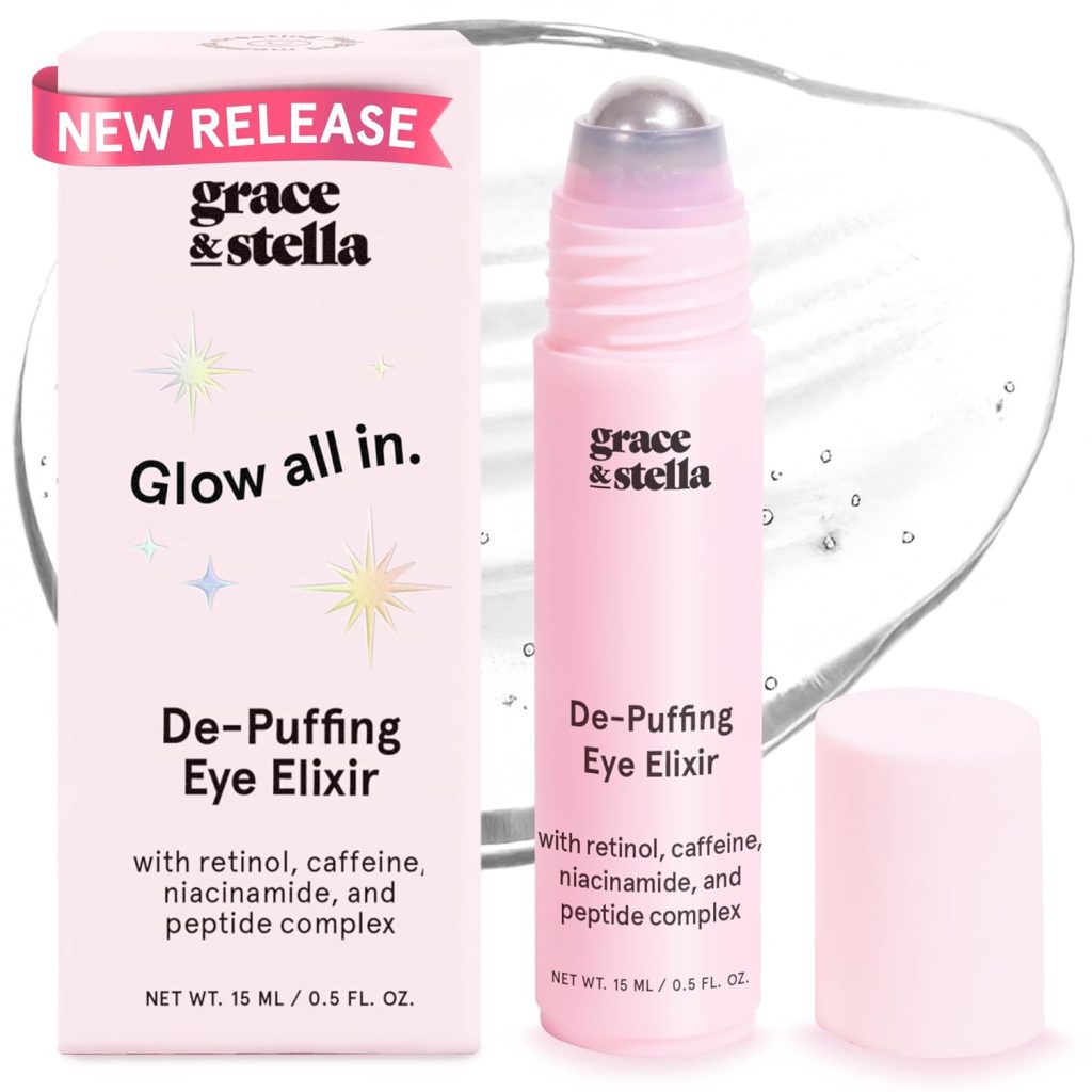 grace & stella Caffeine Eye Serum bottle with product packaging, highlighting benefits for puffiness and dark circles, available at a limited-time discounted price on Amazon