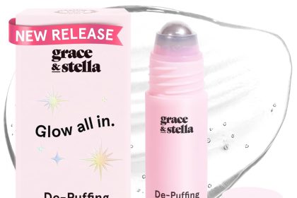 grace & stella Caffeine Eye Serum bottle with product packaging, highlighting benefits for puffiness and dark circles, available at a limited-time discounted price on Amazon