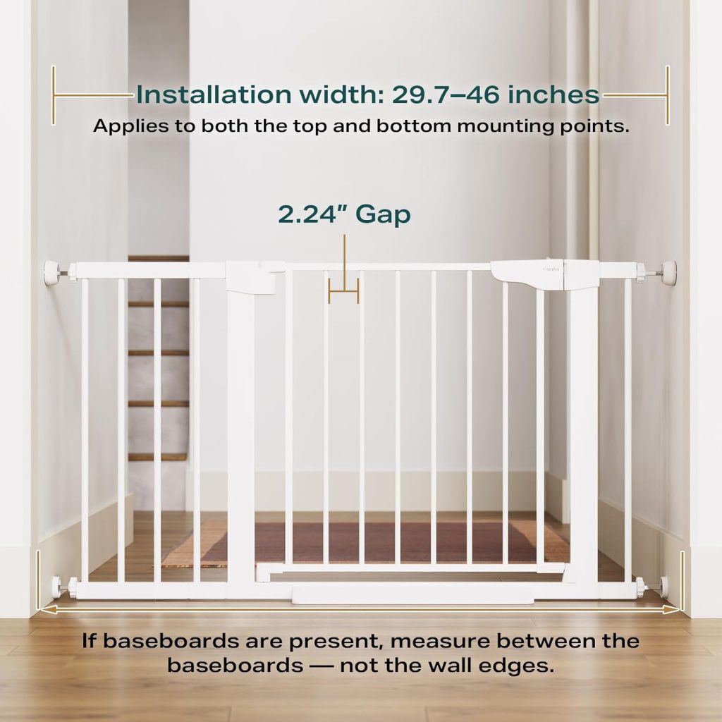 “Cumbor Baby Gate installed in hallway – extra wide safety gate for toddlers and pets, fits openings 29.5 to 46 inches”