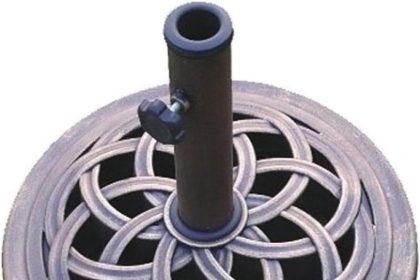 Heavy-duty bronze patio umbrella base with universal fit, rust-resistant composite design, and 50 lb weight for outdoor stability.