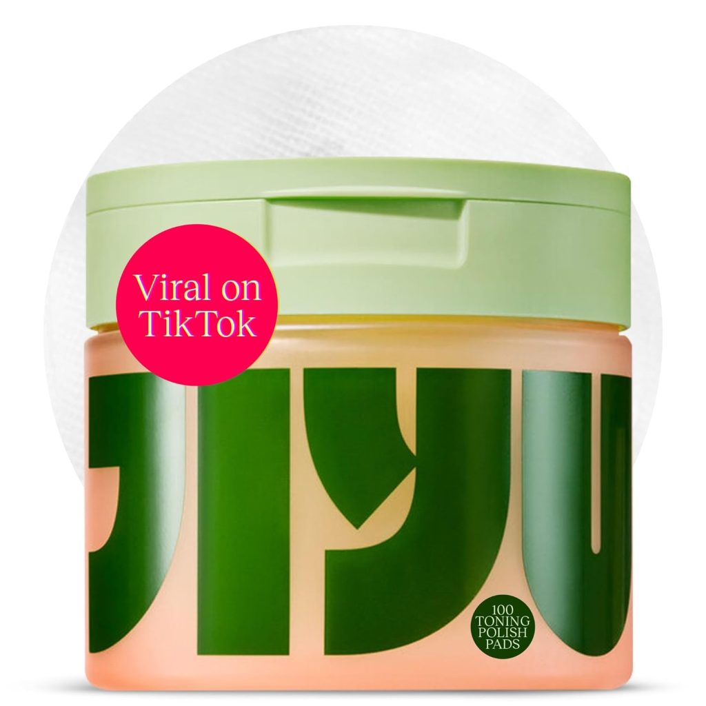 "Toning Polish Pads jar containing 100 pre-soaked exfoliating and hydrating pads with niacinamide and PHA for smoother, brighter skin."