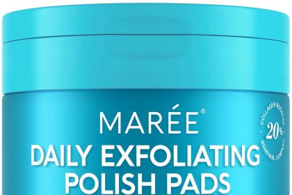 "MAREE Facial Polish Exfoliating Cleansing Scrub pack with 50 pads, designed for gentle exfoliation and moisturizing, featuring glycolic acid and hyaluronic acid, displayed on a clean white background."