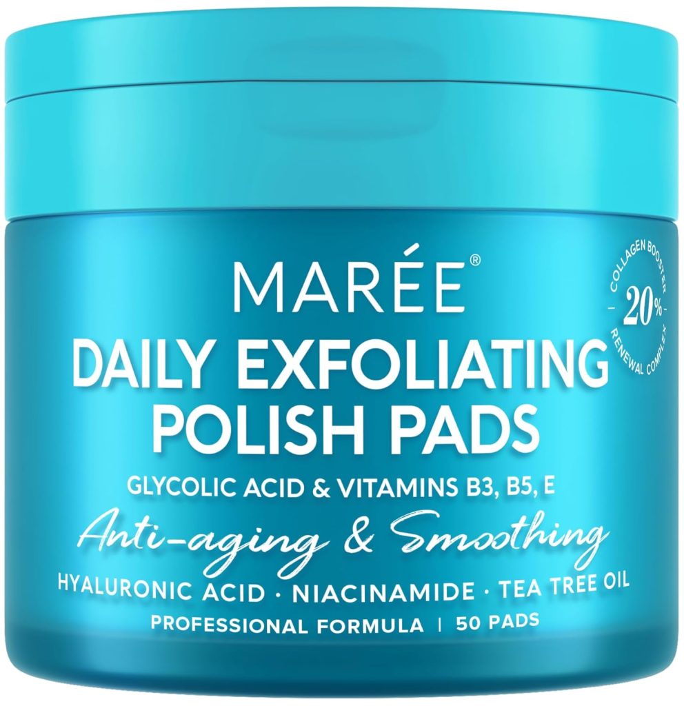 "MAREE Facial Polish Exfoliating Cleansing Scrub pack with 50 pads, designed for gentle exfoliation and moisturizing, featuring glycolic acid and hyaluronic acid, displayed on a clean white background."