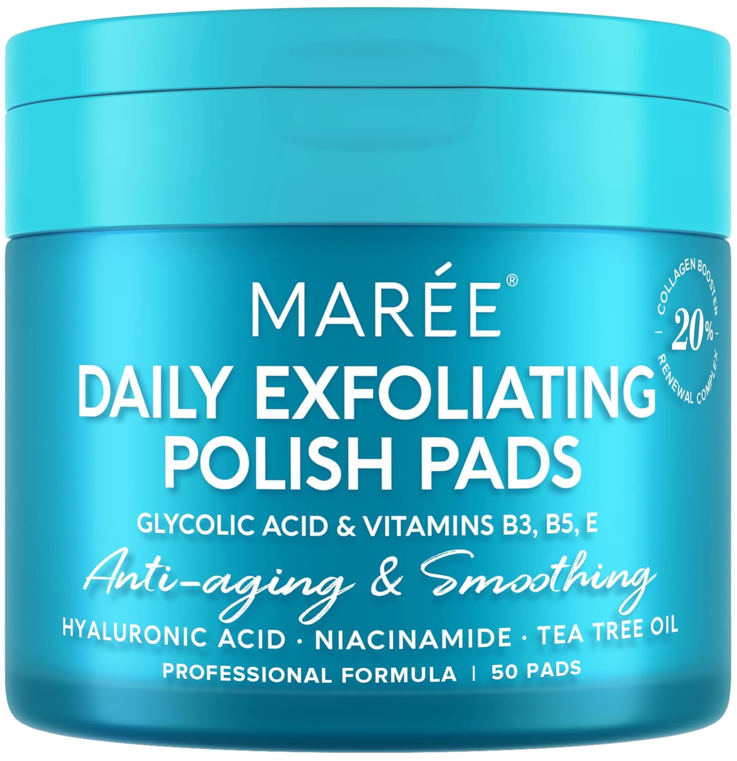 "MAREE Facial Polish Exfoliating Cleansing Scrub pack with 50 pads, designed for gentle exfoliation and moisturizing, featuring glycolic acid and hyaluronic acid, displayed on a clean white background."