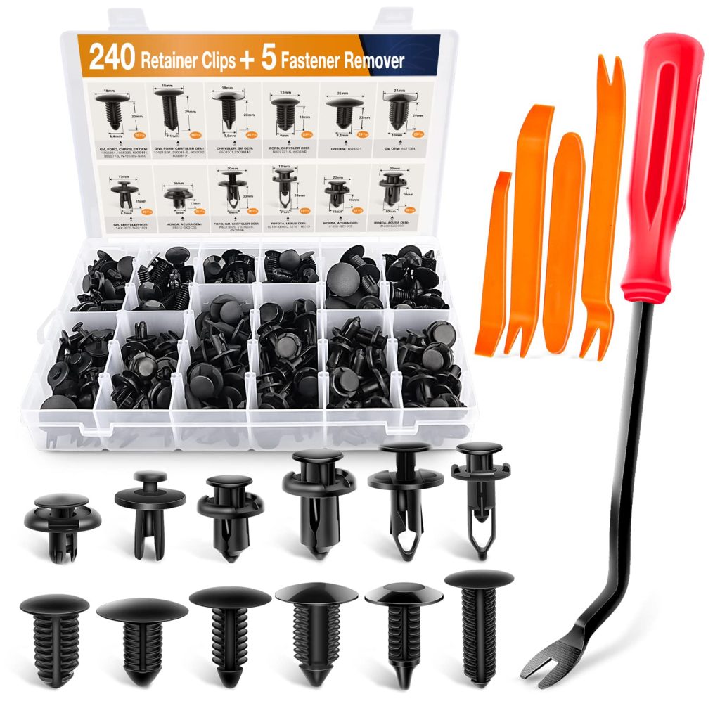 "GOOACC 240PCS automotive retainer clips and fastener remover set – universal plastic push pins for car bumper, fender, and panel replacement compatible with GM, Ford, Toyota, Honda, and Chrysler"
