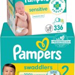 Pampers Diapers Size 1 and Sensitive Baby Wipes bundle featuring 198 Swaddlers diapers and 576 hypoallergenic wipes, ideal for newborn care.