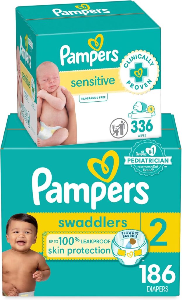 Pampers Diapers Size 1 and Sensitive Baby Wipes bundle featuring 198 Swaddlers diapers and 576 hypoallergenic wipes, ideal for newborn care.