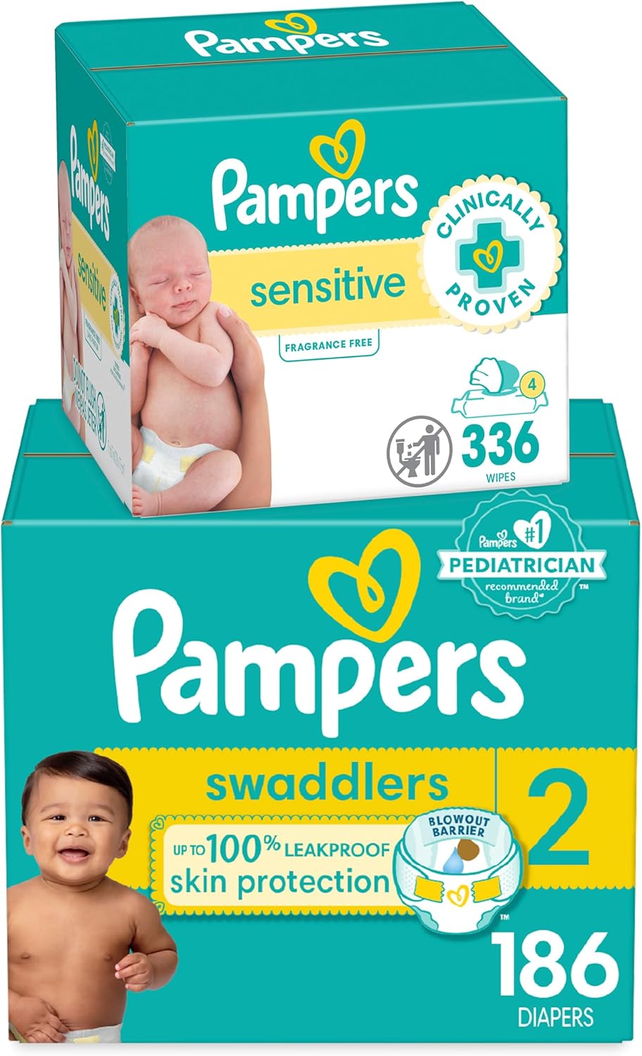 Pampers Diapers Size 1 and Sensitive Baby Wipes bundle featuring 198 Swaddlers diapers and 576 hypoallergenic wipes, ideal for newborn care.
