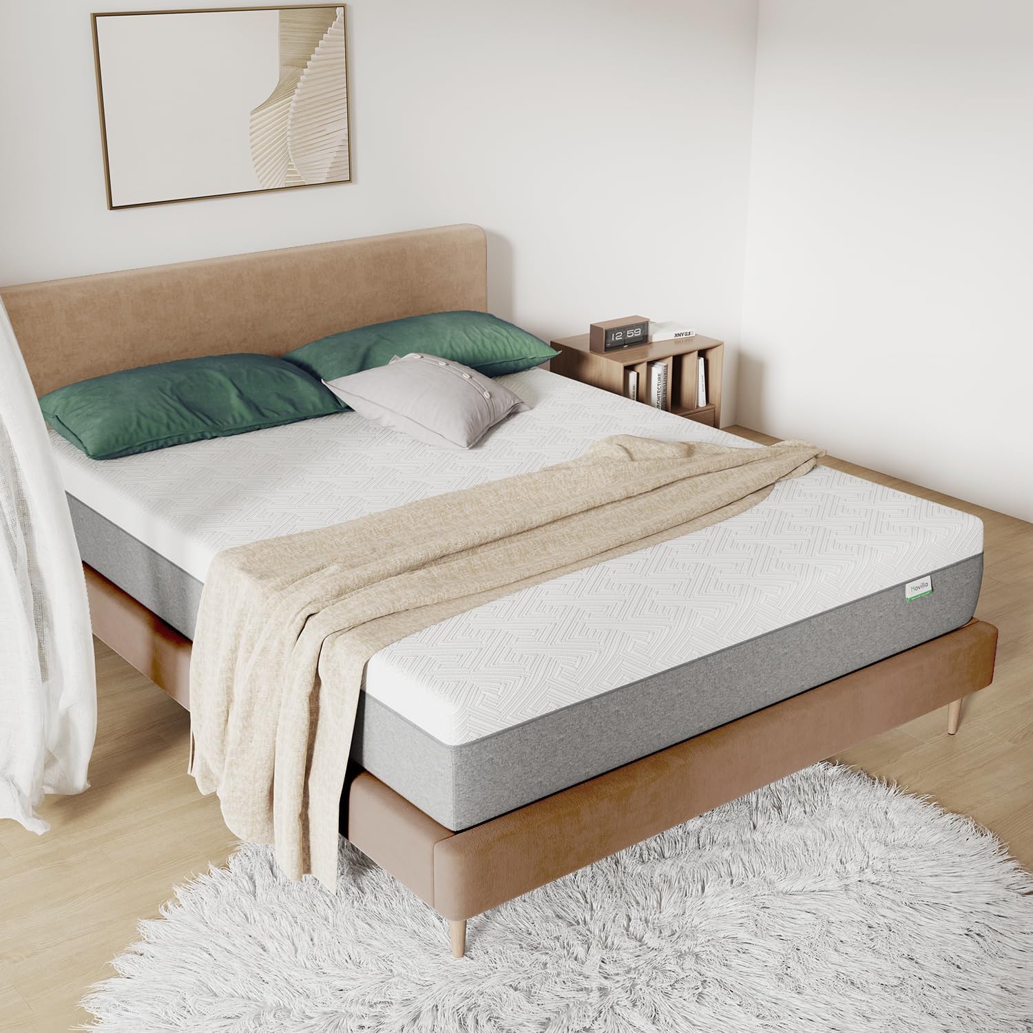 🖼️ Alt Text: Novilla Queen Mattress in a box with breathable cooling layers and medium-firm support, ideal for pressure relief and restful sleep