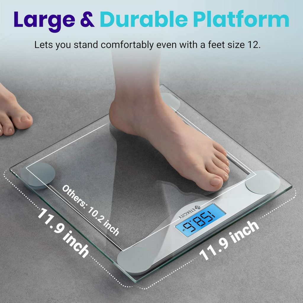 "Etekcity Digital Bathroom Scale with sleek tempered glass platform, large backlit LCD display, and precision step-on technology for accurate weight measurement."