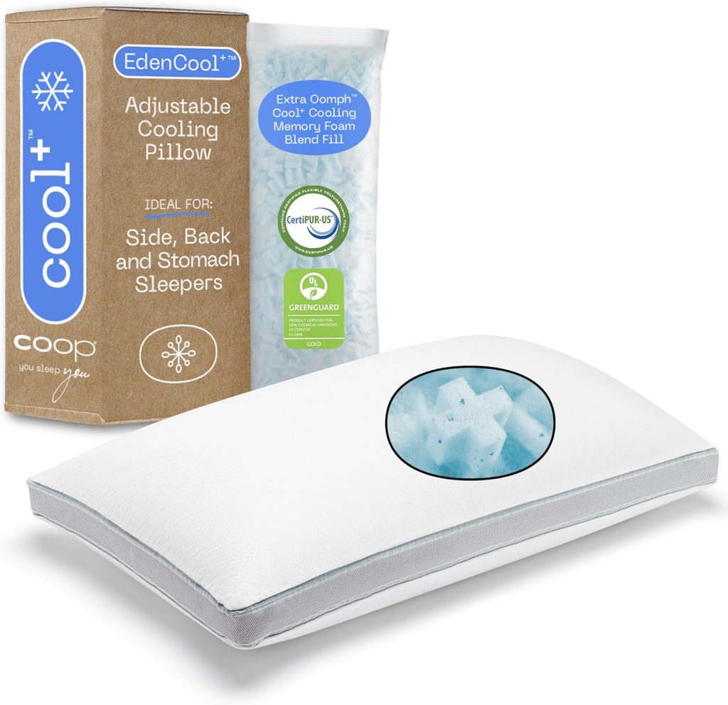 "Coop Home Goods adjustable memory foam pillow with soft, breathable Lulltra cover shown on a neatly made bed in a bright, cozy bedroom."