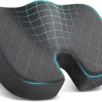 TushGuard Seat Cushion with ergonomic U-shaped design, made of high-density memory foam, shown on an office chair for tailbone and lower back support.