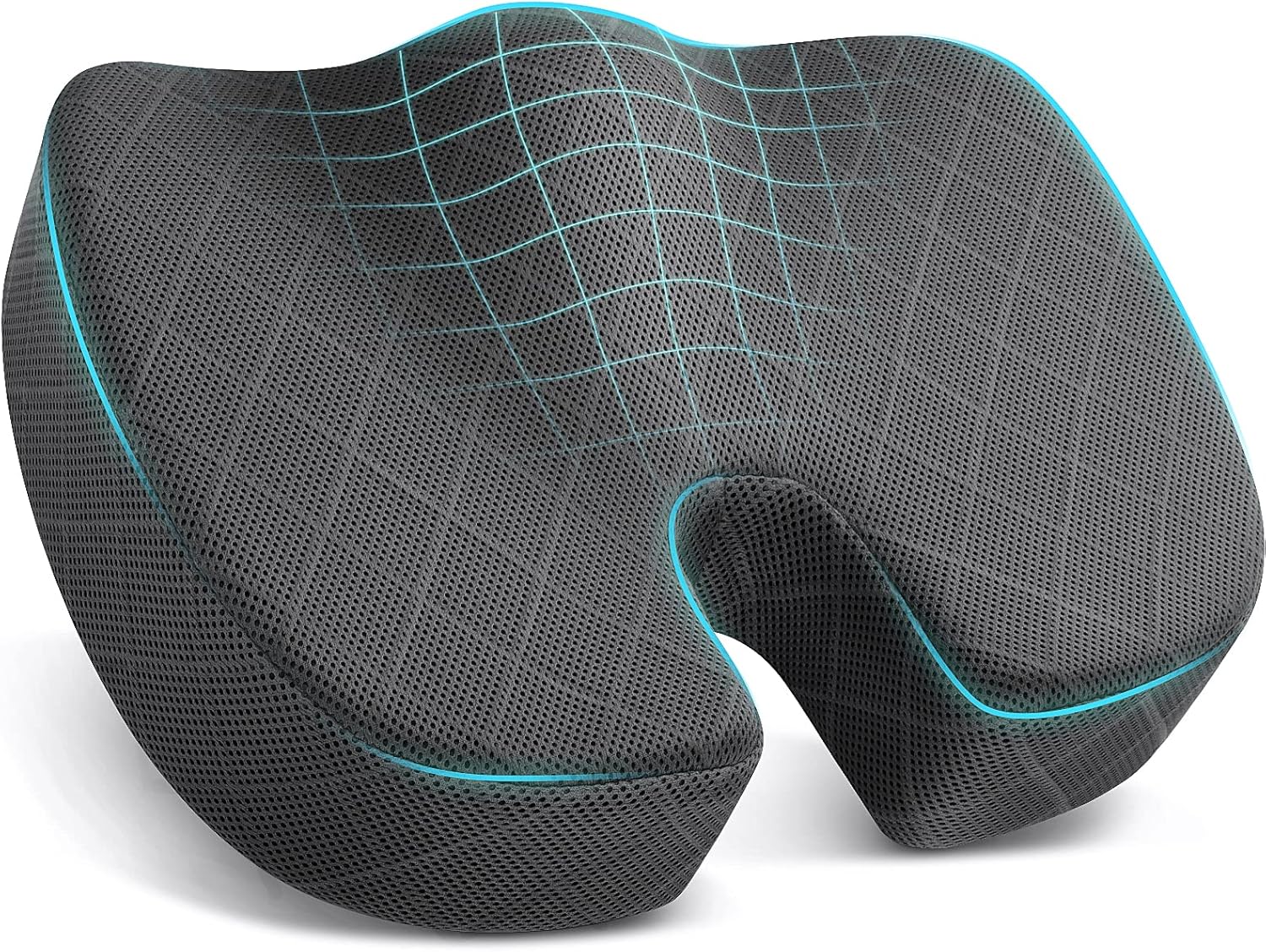TushGuard Seat Cushion with ergonomic U-shaped design, made of high-density memory foam, shown on an office chair for tailbone and lower back support.