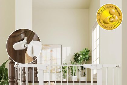 "Cumbor Baby Gate – extra wide, pressure-mounted safety gate for babies and pets, fits 29.5 to 46 inch doorways"