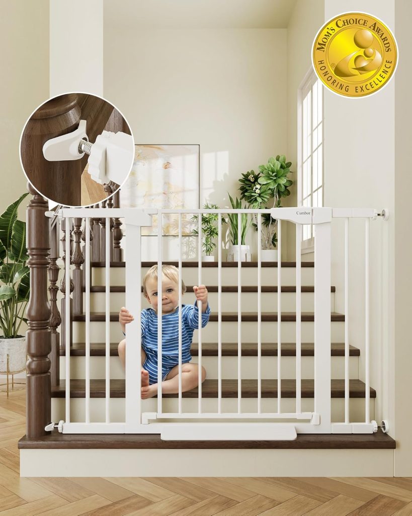 "Cumbor Baby Gate – extra wide, pressure-mounted safety gate for babies and pets, fits 29.5 to 46 inch doorways"