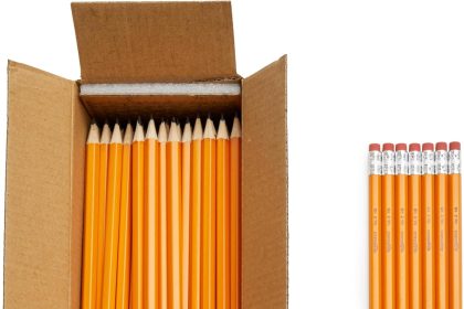 "AmazonBasics Pre-sharpened Wood-Cased Pencils pack showing multiple natural wood pencils with pink erasers on a white background"