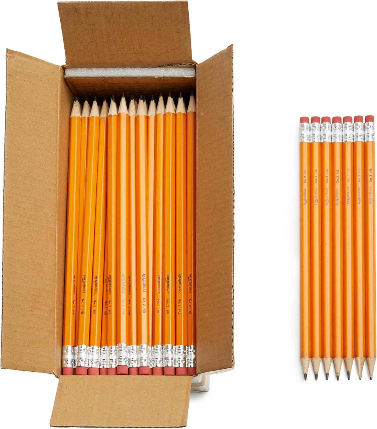 "AmazonBasics Pre-sharpened Wood-Cased Pencils pack showing multiple natural wood pencils with pink erasers on a white background"