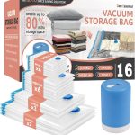 Pack Vacuum Storage Bags set with electric pump, showing vacuum-sealed clothes inside clear storage bags, ideal for space-saving and organizing.