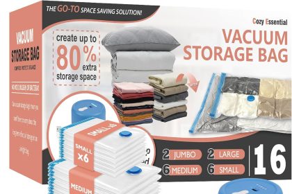 Pack Vacuum Storage Bags set with electric pump, showing vacuum-sealed clothes inside clear storage bags, ideal for space-saving and organizing.