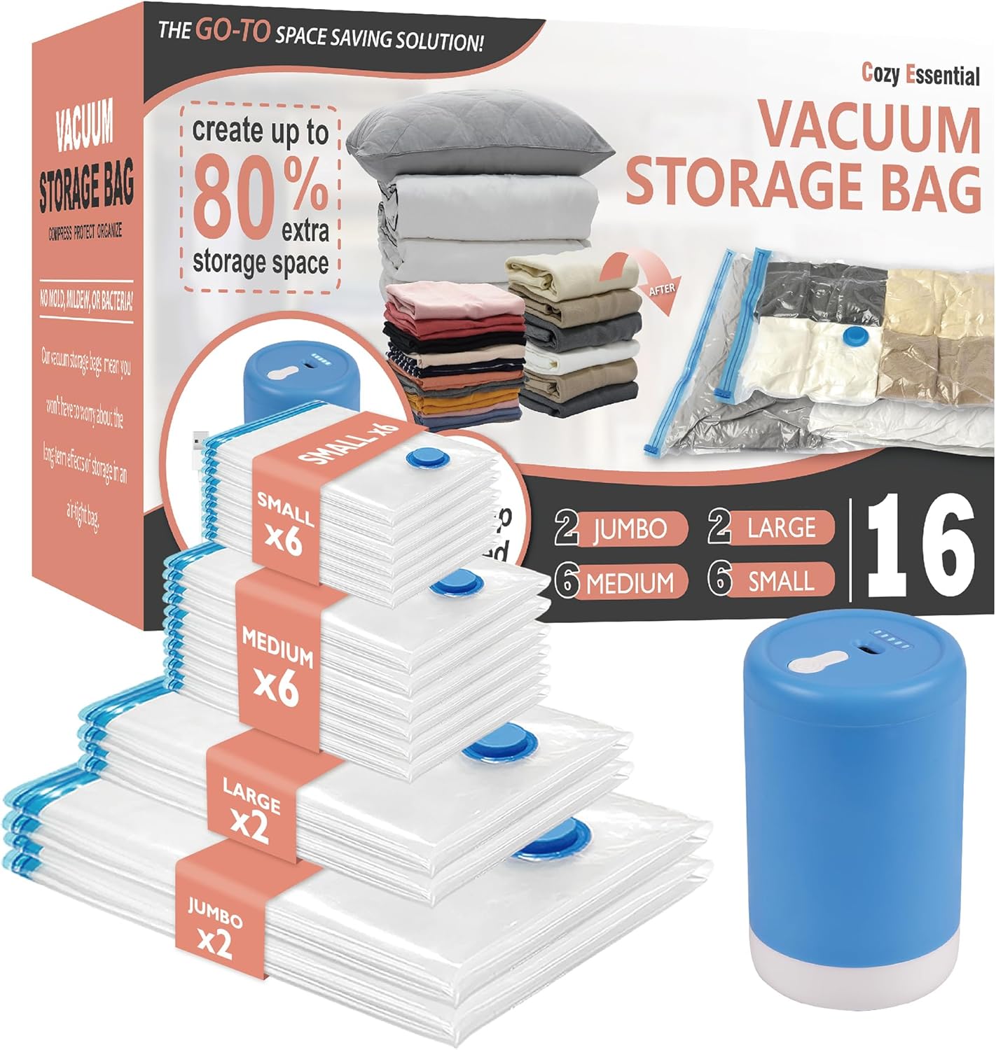 Pack Vacuum Storage Bags set with electric pump, showing vacuum-sealed clothes inside clear storage bags, ideal for space-saving and organizing.