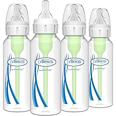 Dr. Brown's Natural Flow Anti-Colic Options+ Narrow Baby Bottle, 8 oz/250 mL, with Level 1 Slow Flow Nipples, 0m+, 4 Pack