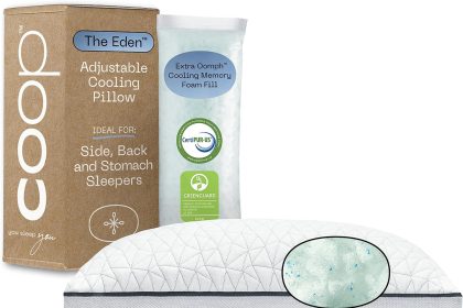 Coop Home Goods Eden Memory Foam Cooling Pillow queen size with adjustable shredded memory foam filling and breathable cooling cover for side, back, and stomach sleepers.