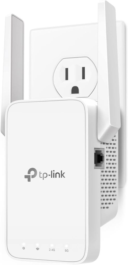 TP-Link RE315 AC1200 WiFi Range Extender plugged into a wall outlet, compact design for boosting wireless signal coverage in home or small office.