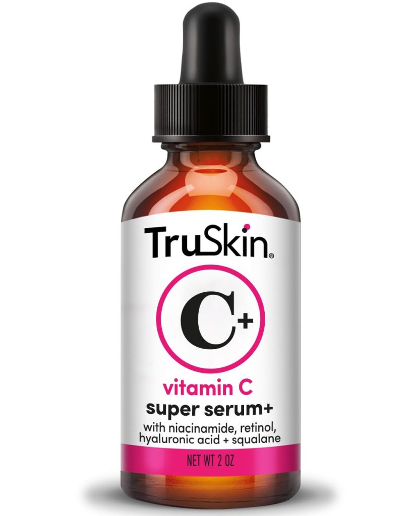 TruSkin Vitamin C Plus Super Serum bottle with dropper, designed to brighten, hydrate, and smooth skin. Limited time deal at $23.99, 52% off original price