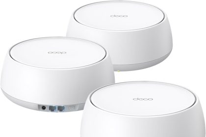 "TP-Link Deco BE25 Mesh WiFi 6E System 3-pack with 4.4-star rating and 14,954 global customer reviews displayed."