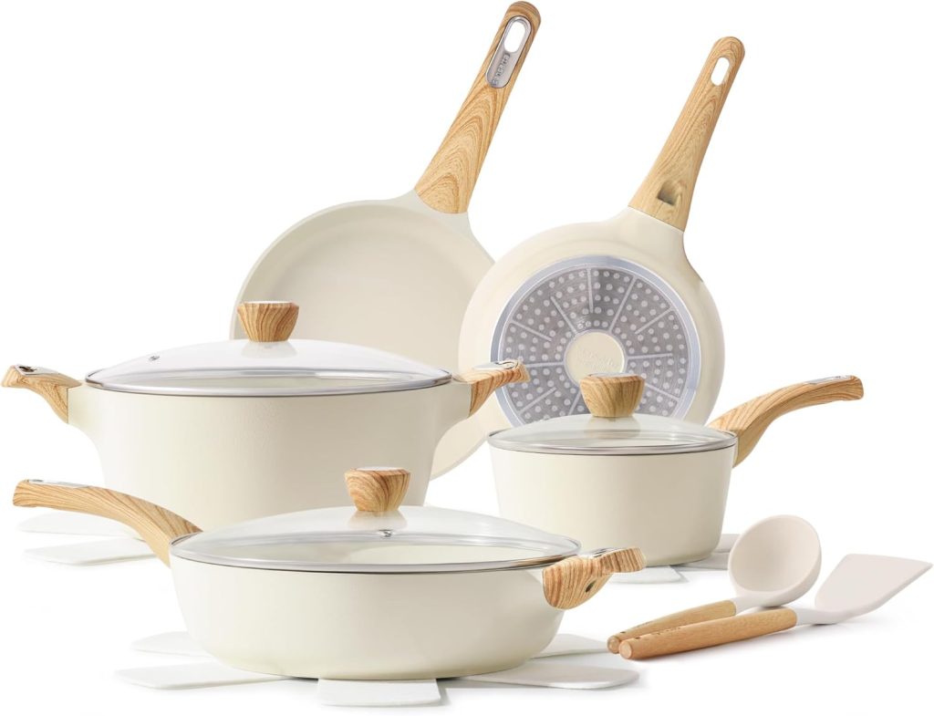 “SENSARTE 14-piece nonstick ceramic cookware set including frying pans, saucepans, sauté pan, casserole, glass lids, and utensils, ideal for healthy cooking on all stovetops.”