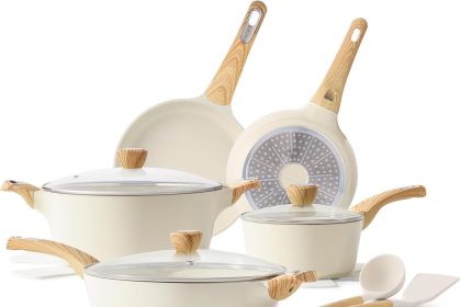 “SENSARTE 14-piece nonstick ceramic cookware set including frying pans, saucepans, sauté pan, casserole, glass lids, and utensils, ideal for healthy cooking on all stovetops.”