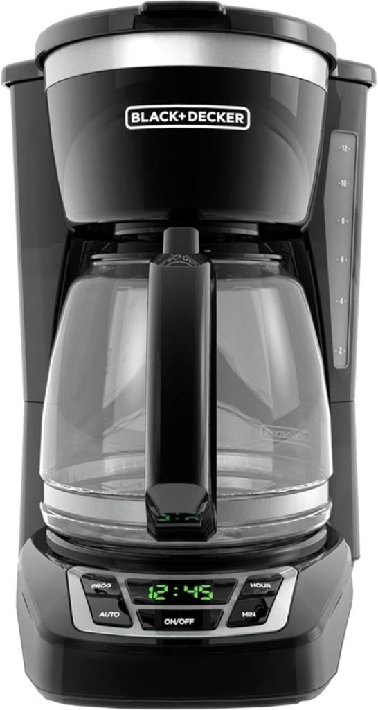 “BLACK+DECKER 12-Cup Programmable Coffeemaker CM1160B with digital controls, glass carafe, and Sneak-a-Cup feature – budget-friendly drip coffee machine.”