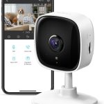 “Tapo TP-Link 1080P Indoor Security Camera in white, showing bullet-style design, mounted on a wall, ideal for home or pet monitoring with night vision and two-way audio.”