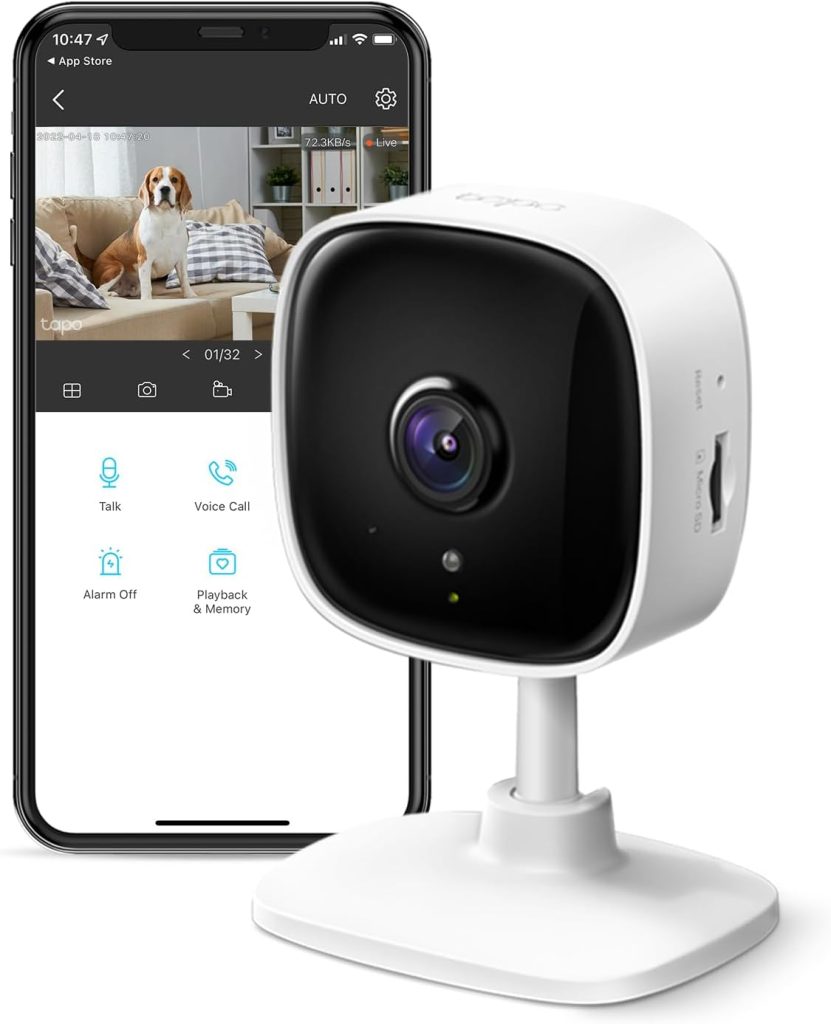 “Tapo TP-Link 1080P Indoor Security Camera in white, showing bullet-style design, mounted on a wall, ideal for home or pet monitoring with night vision and two-way audio.”