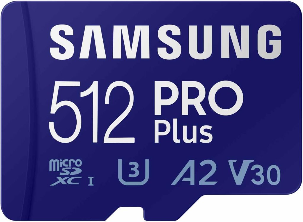 "Samsung PRO Plus 512GB microSD Memory Card – high-speed storage for smartphones, tablets, cameras, and drones, waterproof and durable."