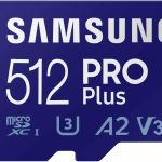 "Samsung PRO Plus 512GB microSD Memory Card – high-speed storage for smartphones, tablets, cameras, and drones, waterproof and durable."
