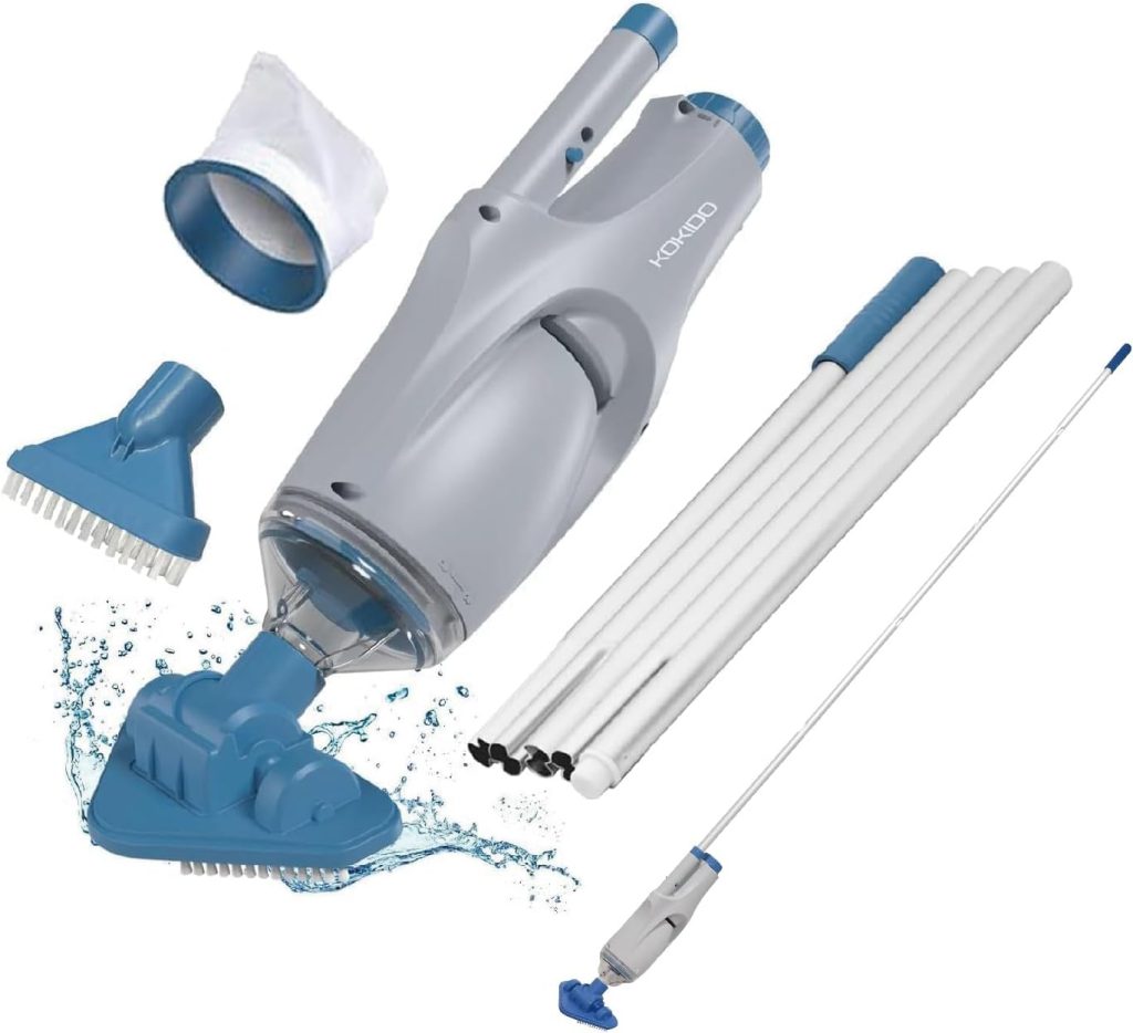 “KOKIDO 2024 Rechargeable Handheld Pool Vacuum cordless design cleaning a backyard pool”